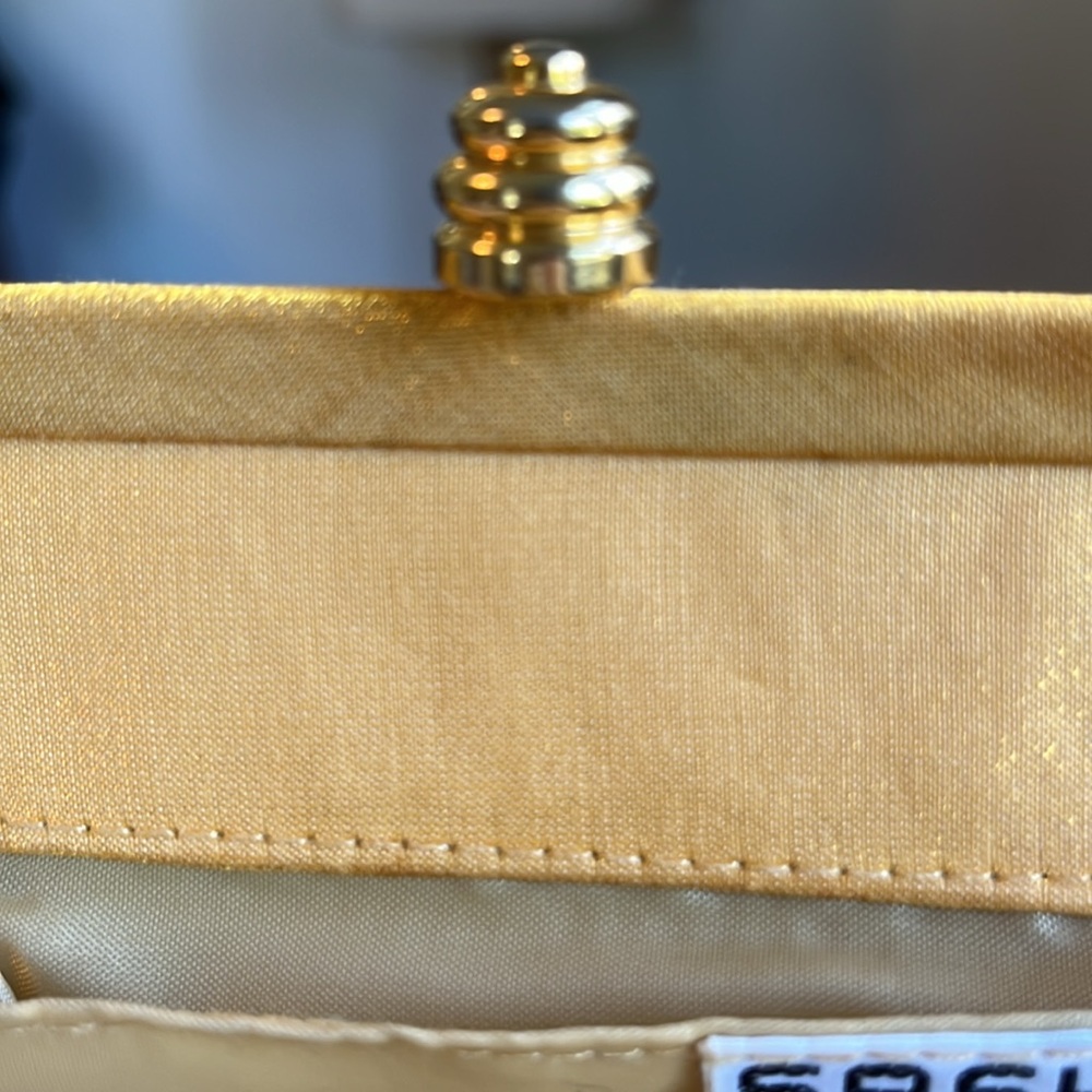 Sasha Gold Satin Pleated small purse w/Gold chain shoulder strap 7.5”W X 5.5”H - Picture 9 of 12